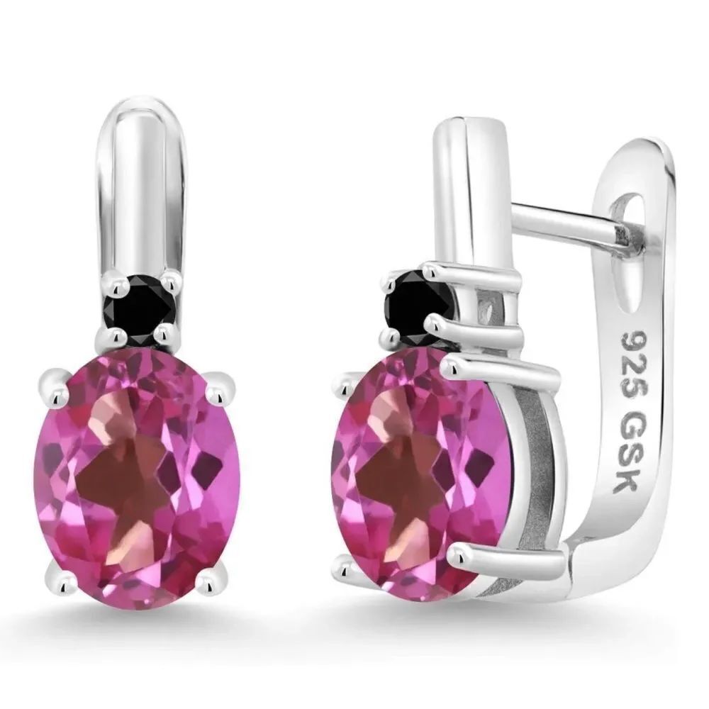 925 Sterling Silver with 4.53 Cttw Pink Mystic Topaz and Black Diamond Earrings